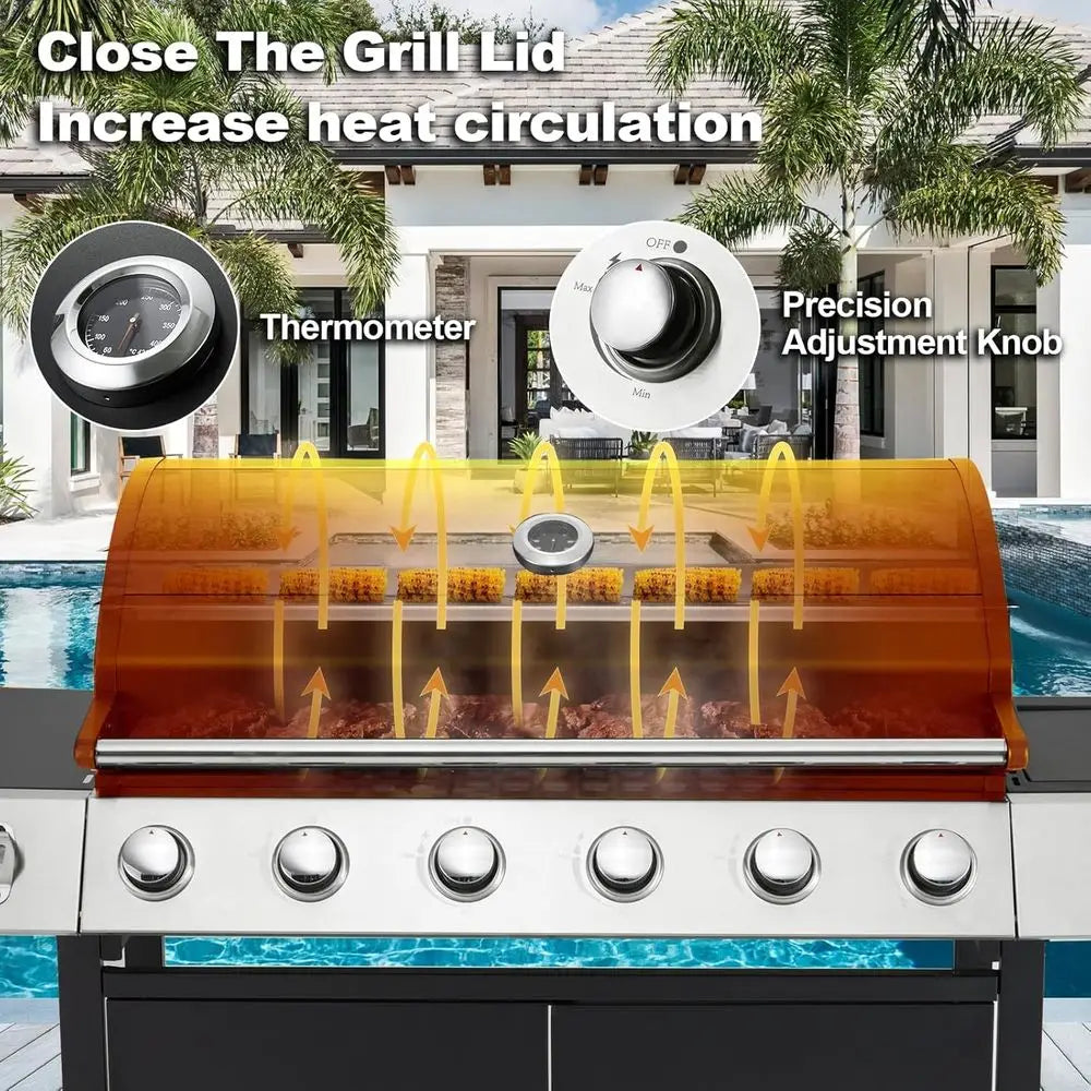 Upgraded 60,000 BTU Stainless Steel Burner Barbecue Grill, 6 Burner BBQ Propane Gas Grill with Side Stove & Cast Iron Grates for