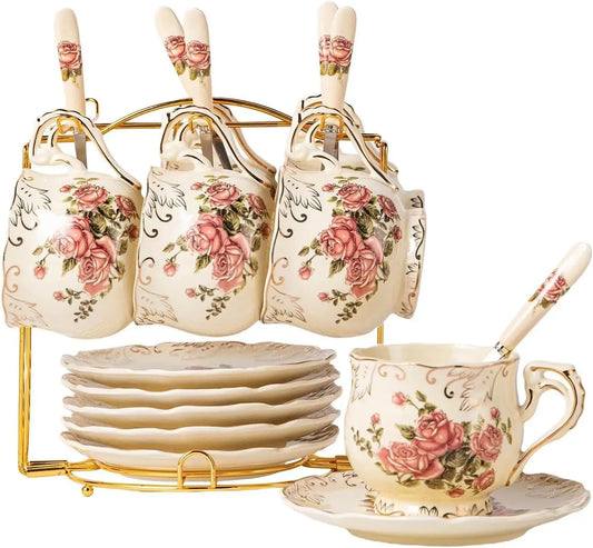 Vintage Floral Teacups and Saucers Set of 6 with Rack