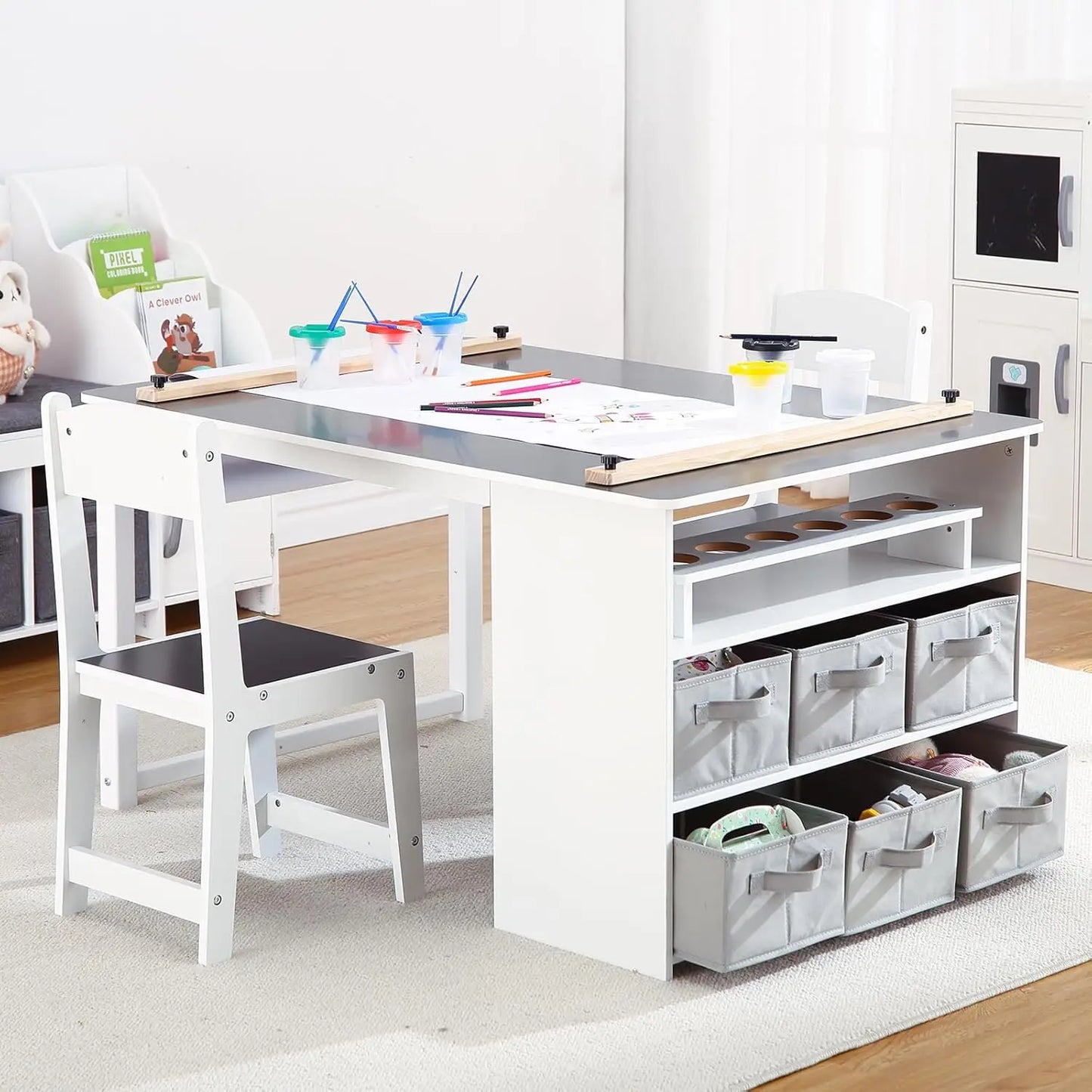 4 In 1 Kids Art Table and Chair Set Toddler Craft Storage Desk with Art Supply Organizer,Drawing Desk,Activity and Study Table