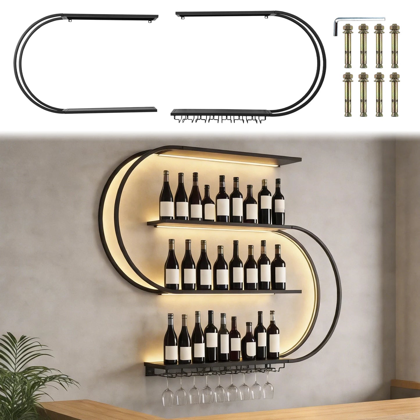 APWIKOGER 4 Tier Wall Mounted Wine Rack Glass Holder