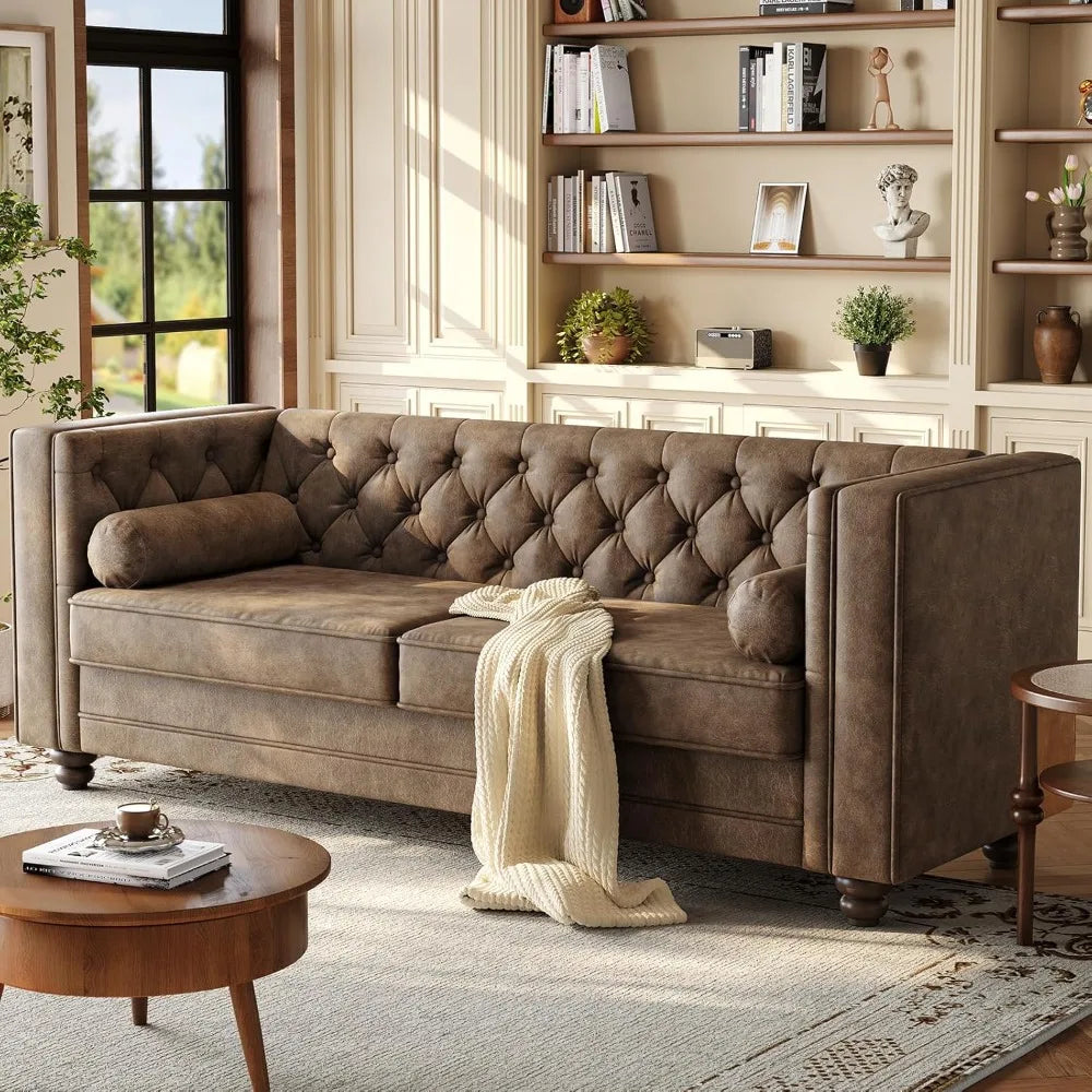 Chesterfield Faux Leather Sofa Mid-Century Modern With Deep Seat