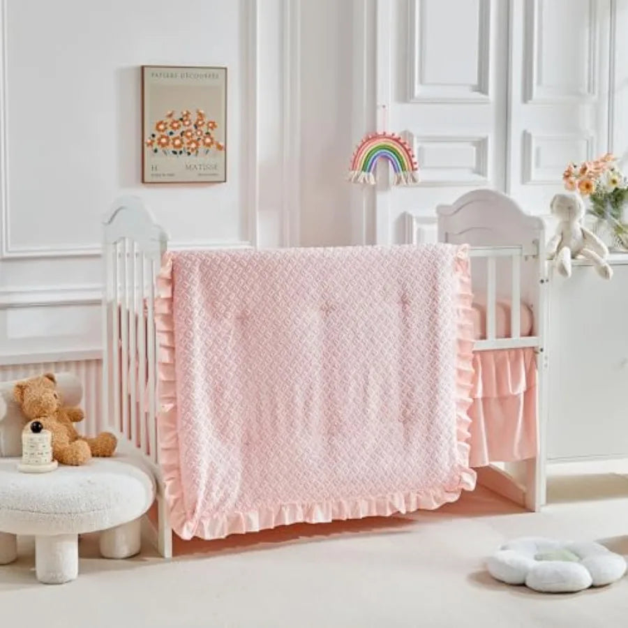 3 Pieces Tufted Crib Bedding Set with Ruffle Fringe Ruffled Comforter with Fitted Sheet and Bed Skirt Soft and Embroidery Shabb