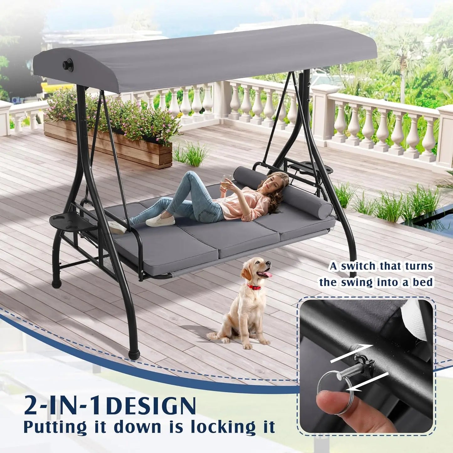 Outdoor Porch Swing With Canopy And Stand 3 Person