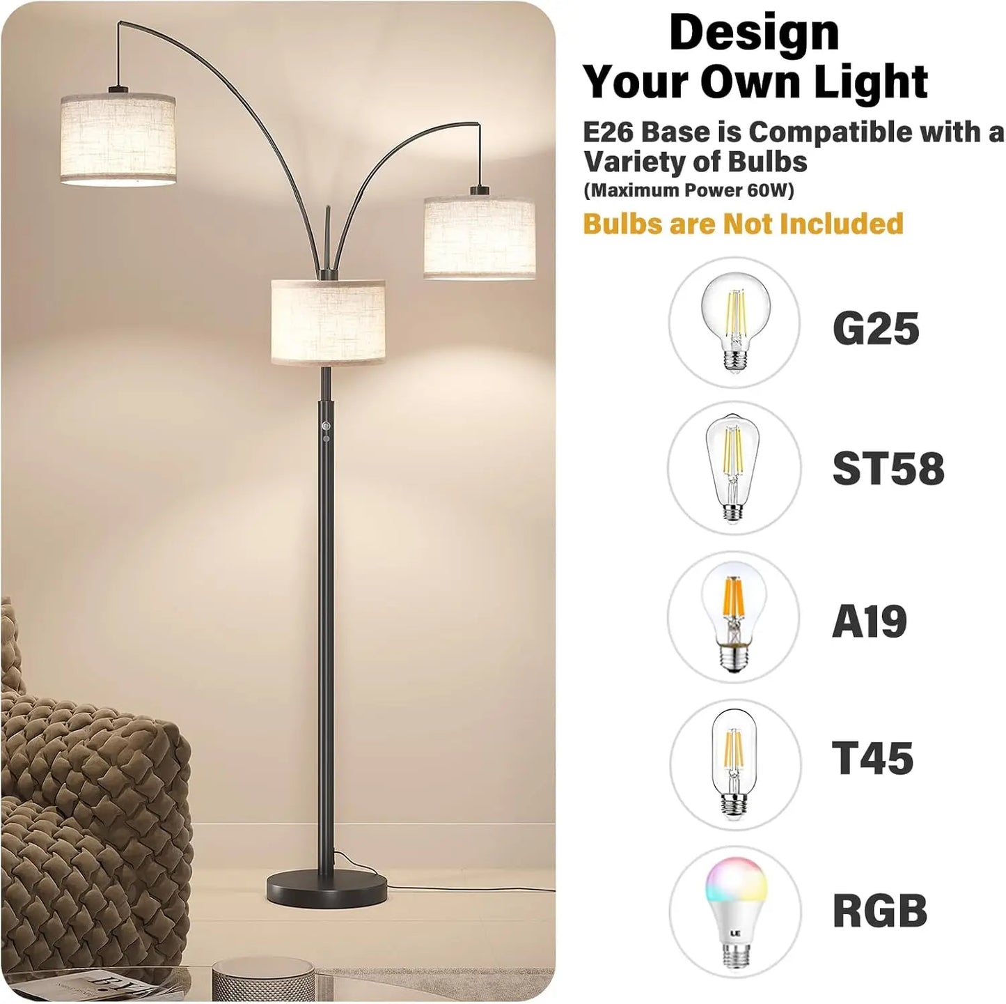 Three Light Arc Floor Lamp with Rotatable Shades for Living Room