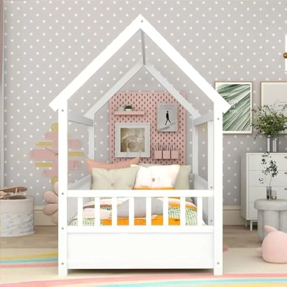 Montessori Floor Bed Twin Size, Twin Montessori Bed with Fence, Twin Size House Bed for Kids, Girls, Boys