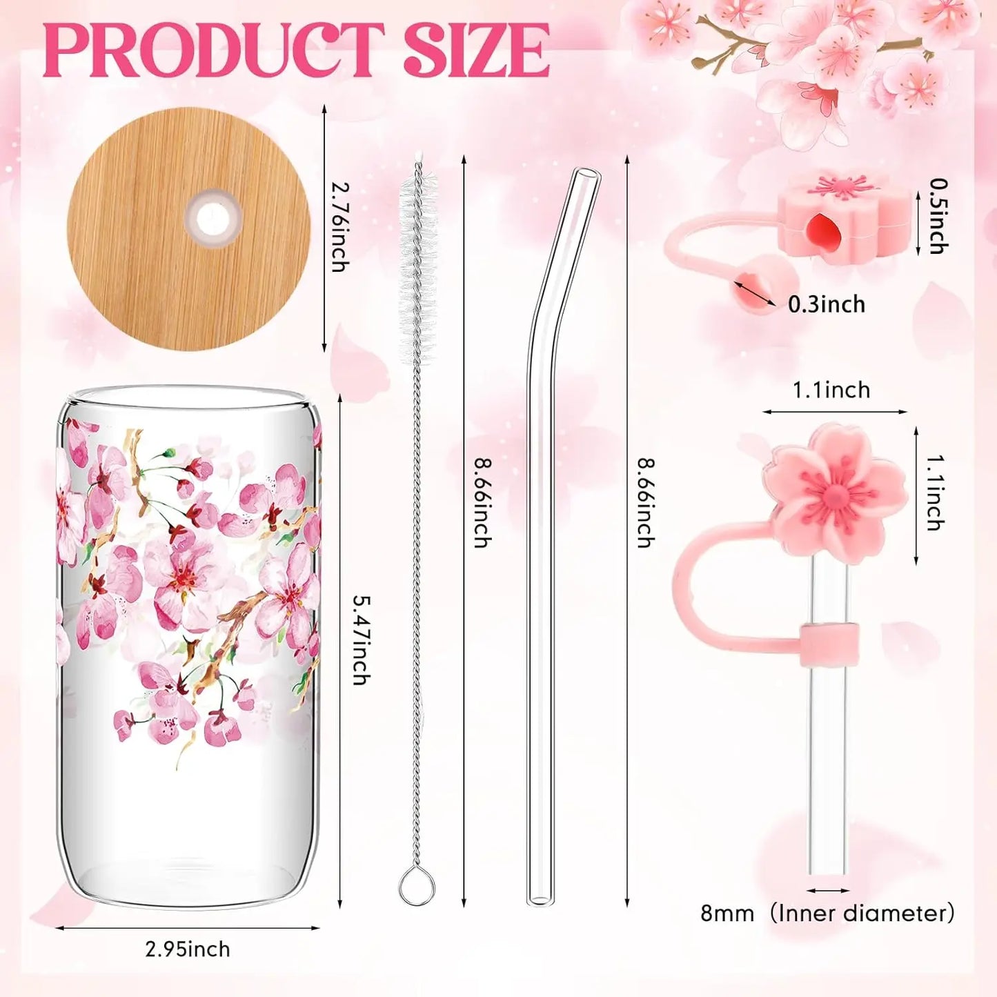 Cherry Blossom Glass Cup Sakura Coffee Cup With Bamboo Lid And Straw Brush