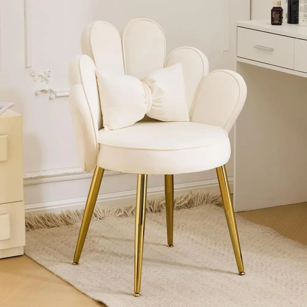 White Velvet Makeup Vanity Chair with Adjustable Gold Legs and Bow Pillow for Home Office or Bedroom
