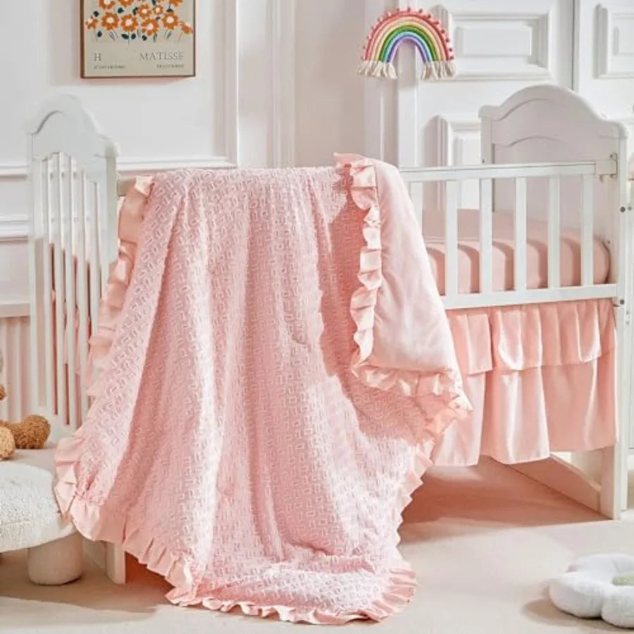 3 Pieces Tufted Crib Bedding Set with Ruffle Fringe Ruffled Comforter with Fitted Sheet and Bed Skirt Soft and Embroidery Shabb