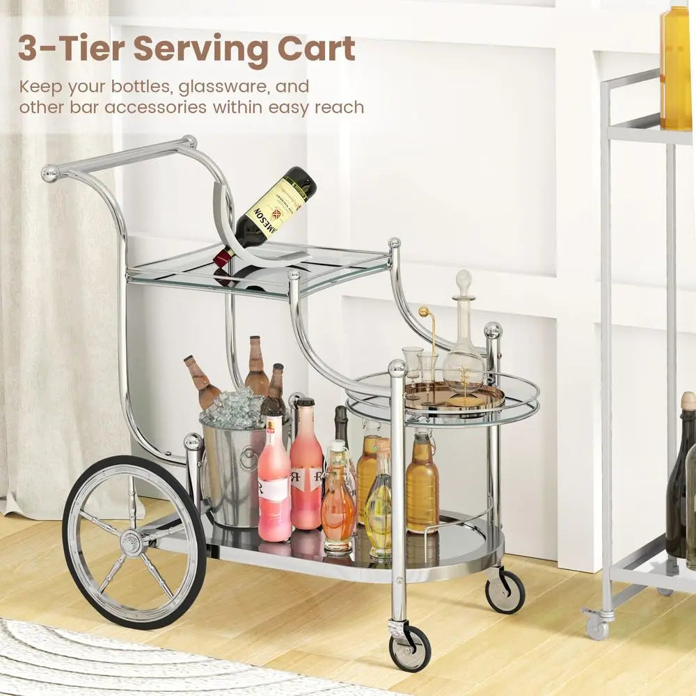 Glass Rolling Bar Cart, Rolling Serving Cart with 3Tier Shelf, Directional Wheels amp Universal Wheels, Mobile Wine Tea Serving