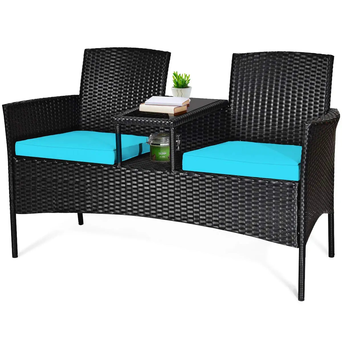 Outdoor Rattan Loveseat Modern Patio Conversation Set With Cushions Table