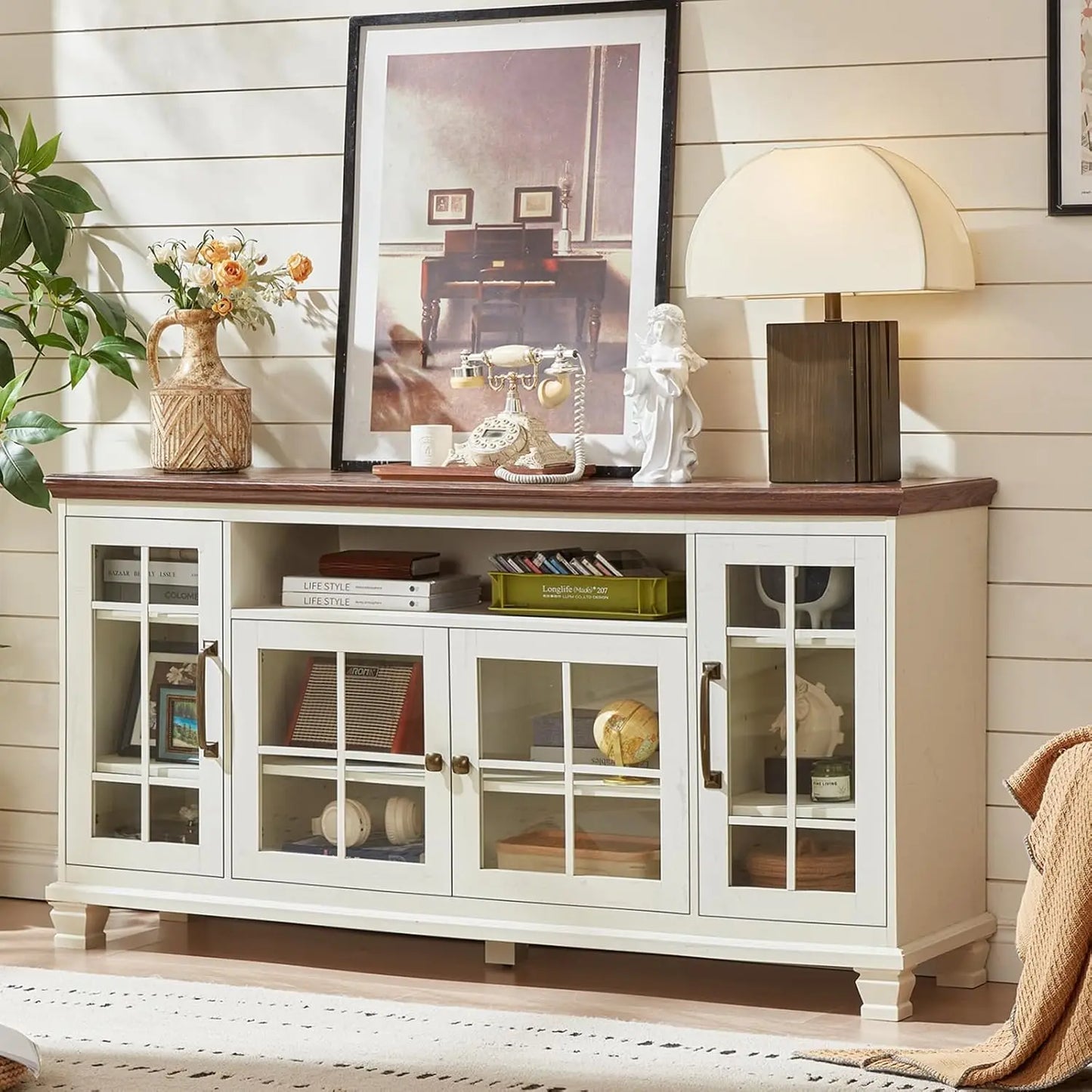 Large Sideboard Buffet Cabinet with Storage, Vintage White Farmhouse 60" Wide Credenza Accent Cabinets with Glass, Customized