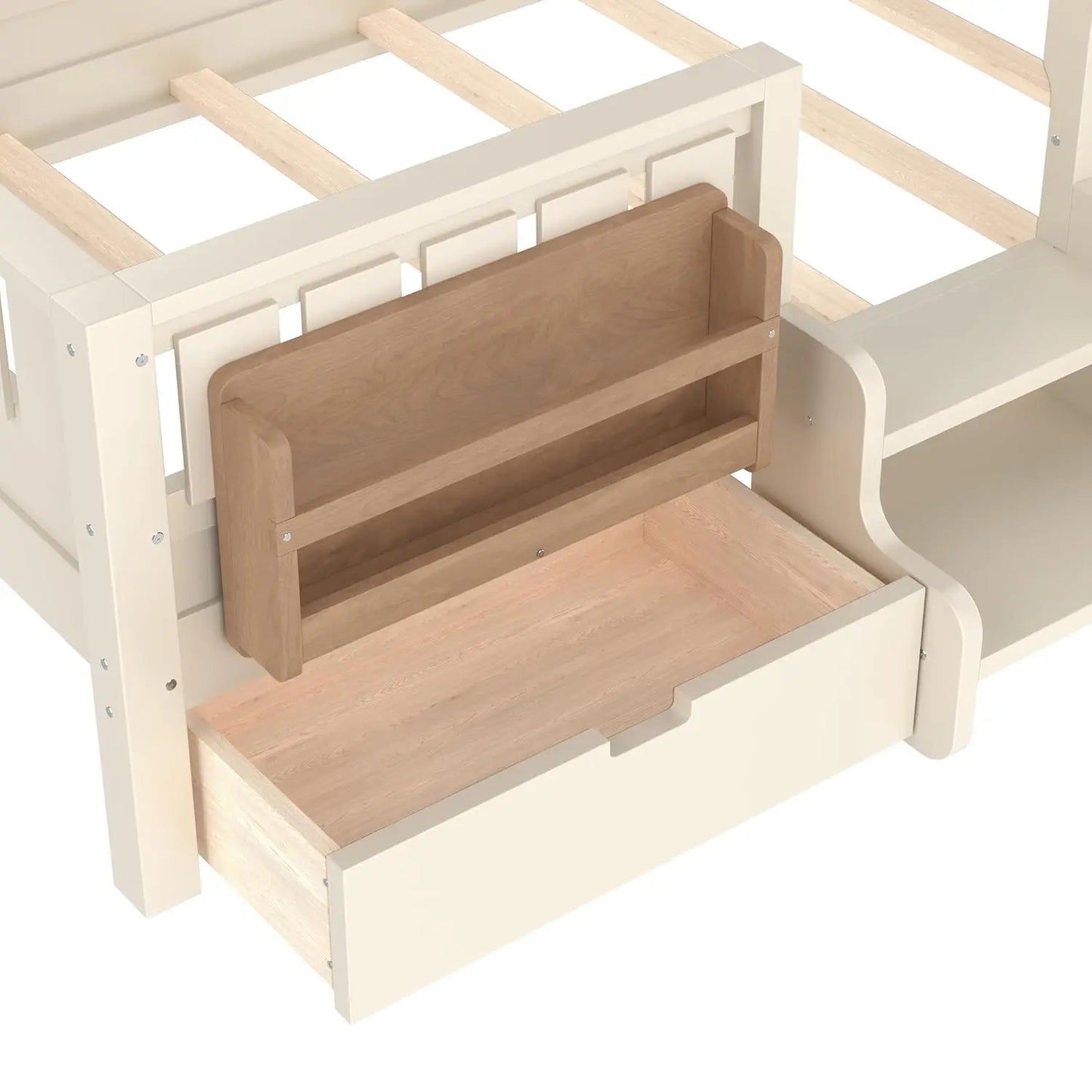 Twin Kids Bed with High Rails Built-in Bookshelf Drawers Wood Montessori Bed for Girls Boys Beige, Customized