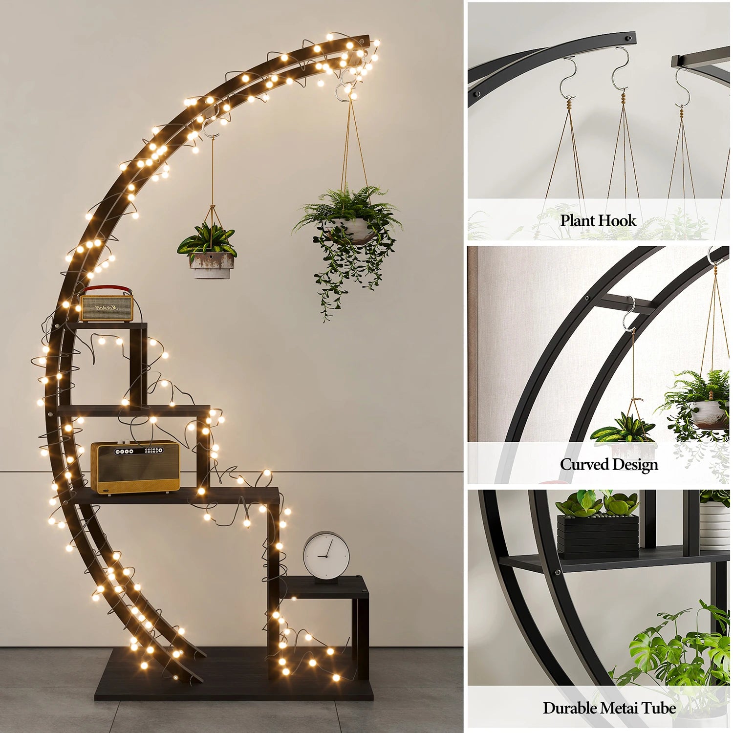 Modern wooden plant stand indoor with decorative plants