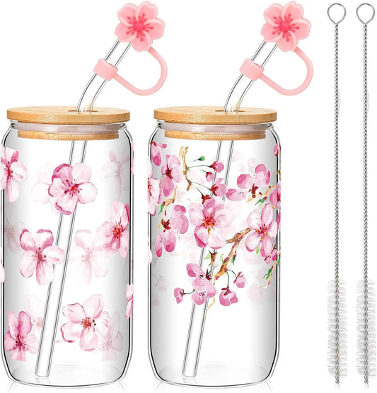 Cherry Blossom Glass Cup Sakura Coffee Cup With Bamboo Lid And Straw Brush