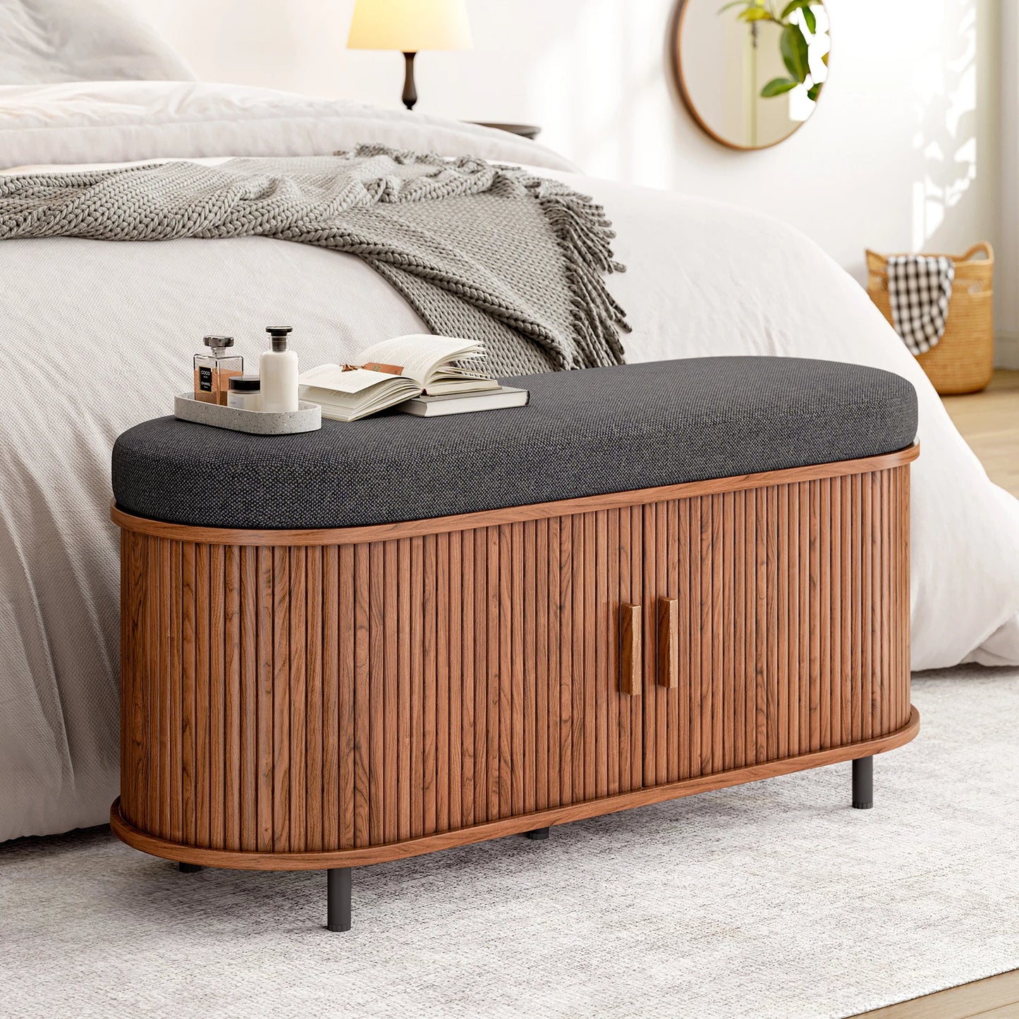 Shoe Bench 3 Tier Organizer With Cushion And Sliding Door