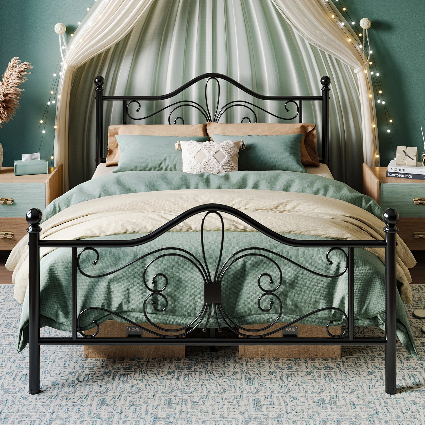 Kids Platform Bed Frame Metal With Butterfly Pattern Headboard Footboard