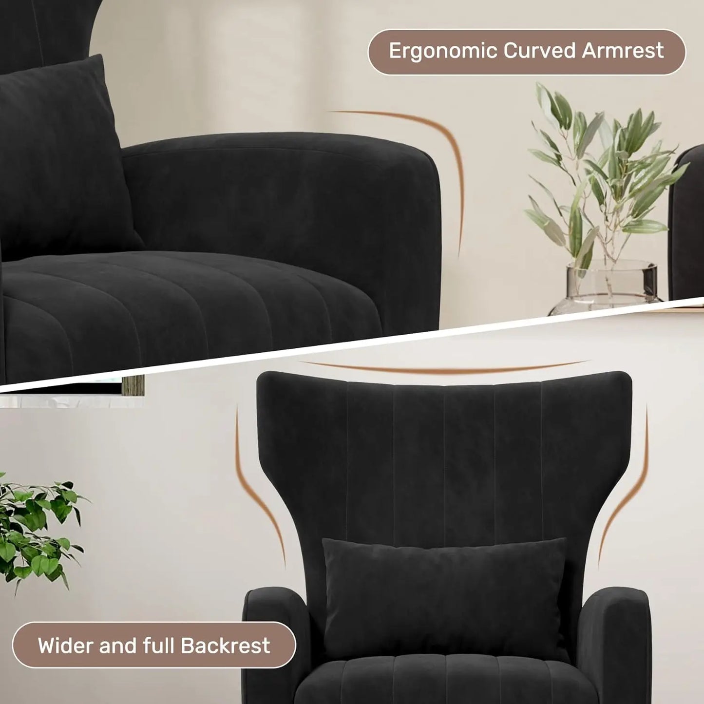 Black Velvet Accent Chair Set of 2, Wingback Chair for Living Room, High Back Arm Chair with Golden Legs Lumbar Pillow, Upholste
