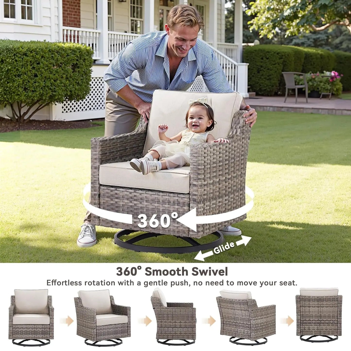 Outdoor patio furniture set with cushioned seating and coffee table
