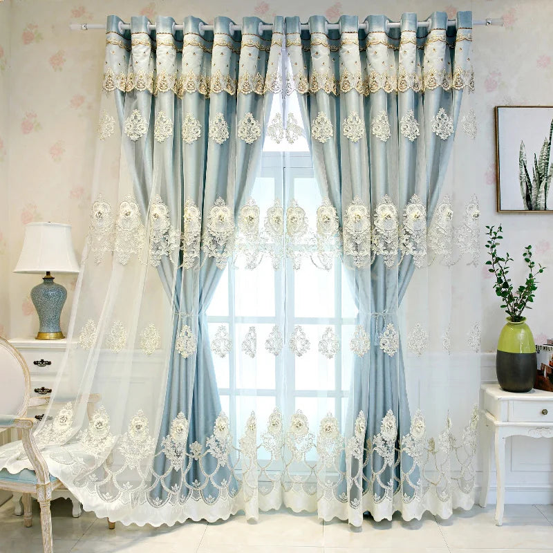 NONECN Elegant Double Layer Embossed 3D Embroidered Blackout Curtains Bedroom