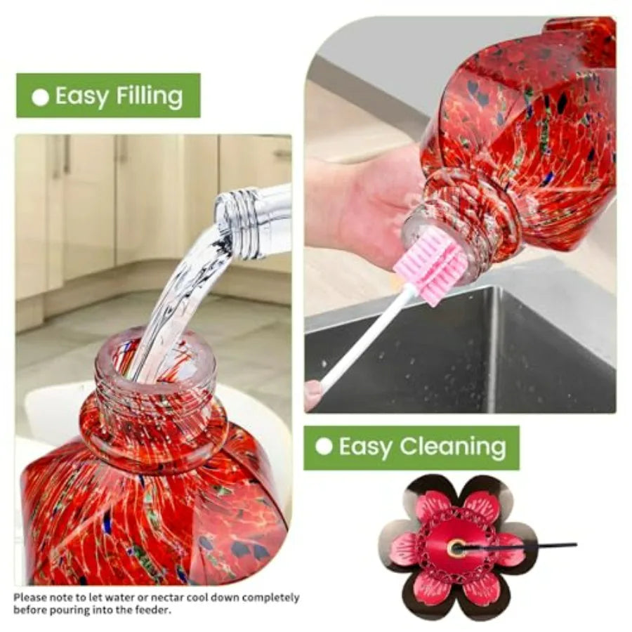 Hummingbird Feeder, Hand Blown Glass Hummingbird Feeders for Outdoors Hanging with Ant Moat, 5 Bee-Proof Ports, Leak-Proof, 360