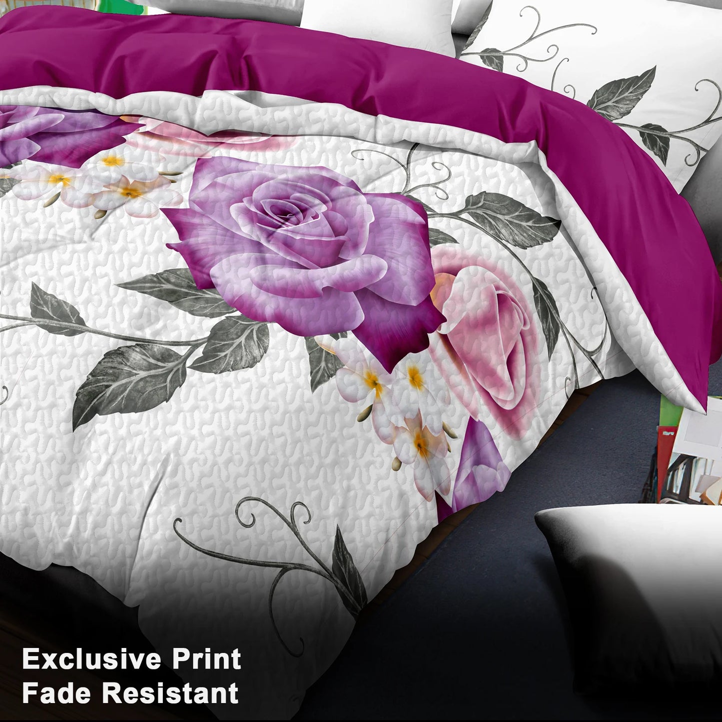 Pink Rose Floral 9Pcs Bedding Set Microfiber Bedspread 2 Printed 4 Solid Curtains 2 Pillowcases Home Decor