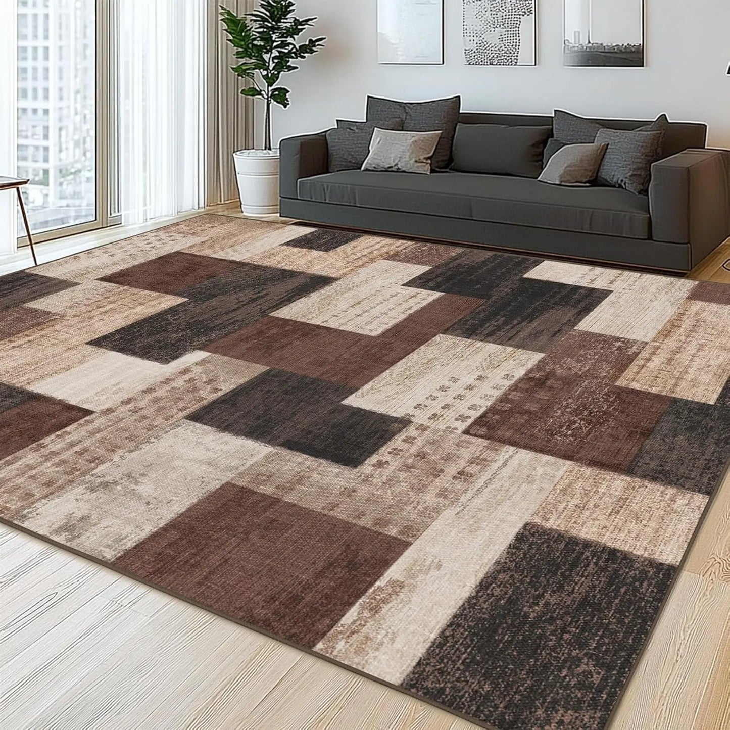 Modern Geometric Patchwork Brown Area Rug 5x7ft for Living Room Bedroom Office Entryway Hardwood Floors Decor