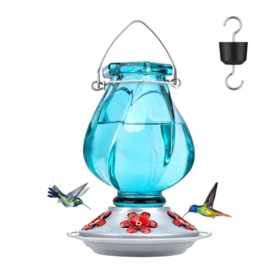 Hummingbird Feeder, Hand Blown Glass Hummingbird Feeders for Outdoors Hanging with Ant Moat, 5 Bee-Proof Ports, Leak-Proof, 360