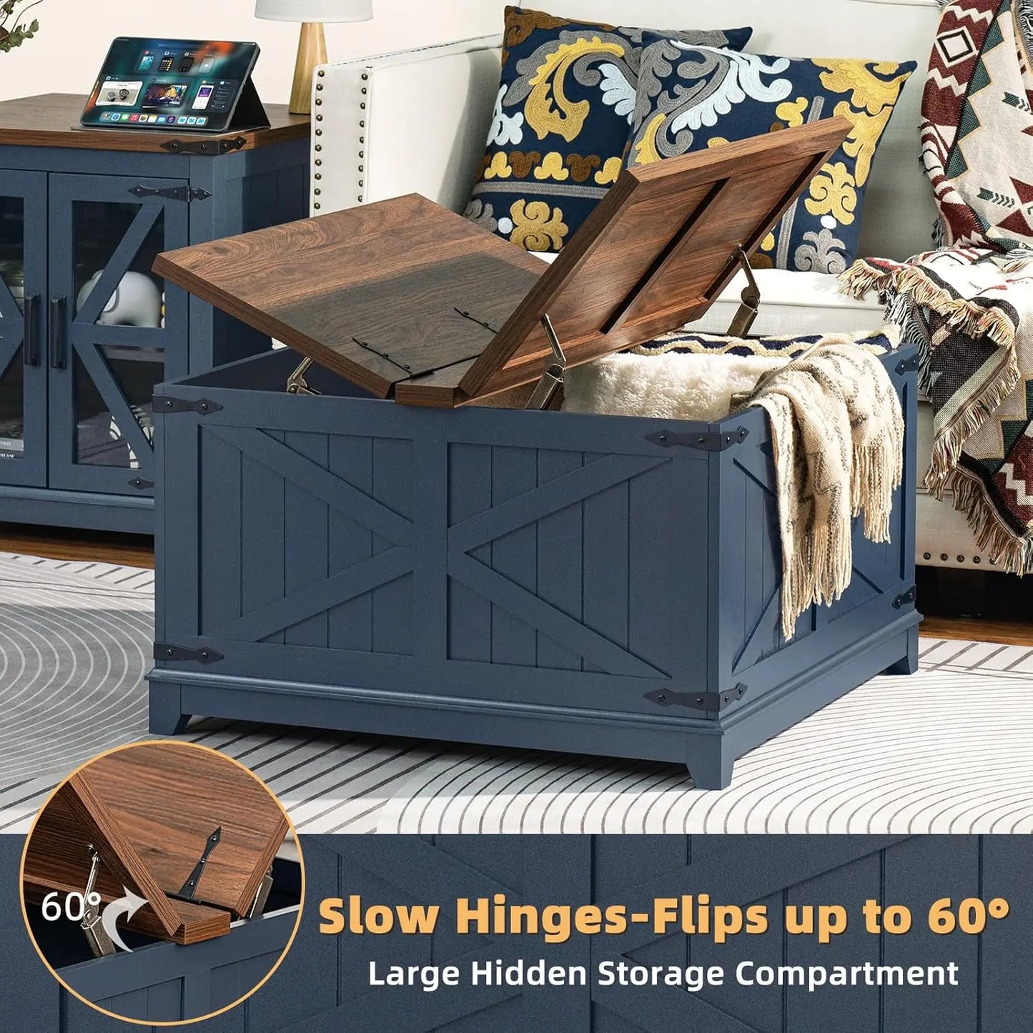 Farmhouse Coffee Table Sets 3 Pieces, Narrow Night Stand with Glass Barn Door Storage, Wood Furniture Sets for Living Room, Blue