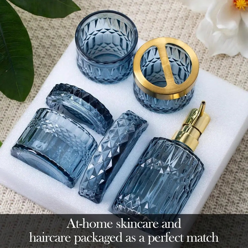Bathroom Set,Blue Bathroom Accessories Set,Includes Lotion Soap Dispenser, Soap Dish, Toothbrush Holder, Tumbler, Cotton Swab J