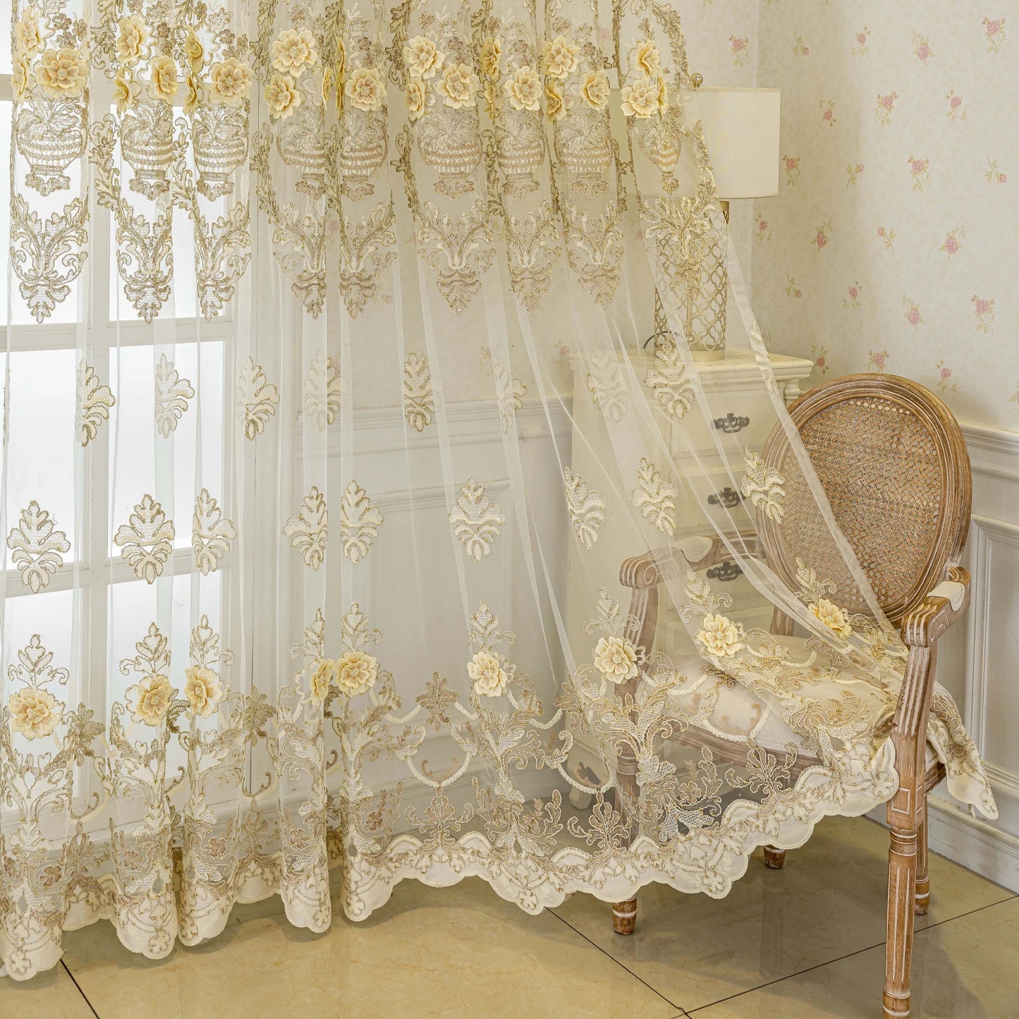 Luxurious 3D Embroidered Translucent Gauze Curtain For Bedroom