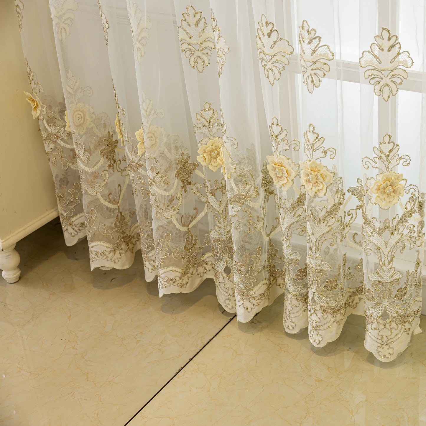 Luxurious 3D Embroidered Translucent Gauze Curtain For Bedroom