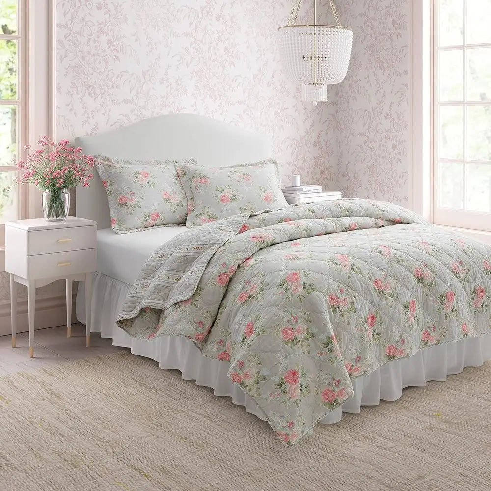 Reversible Cotton Queen Quilt Set with Matching Shams, Lightweight All-Season Bedding, Melany Pink