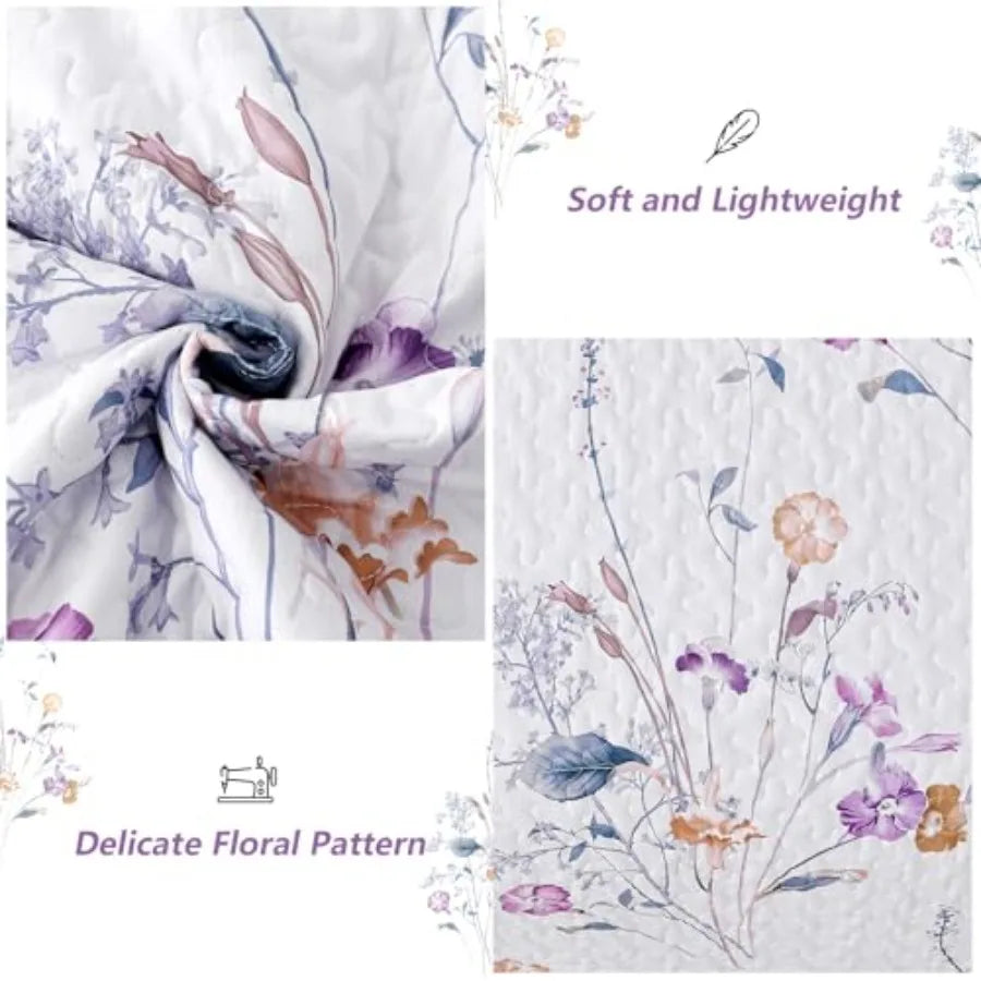 3 Pieces Quilt Set Size, Floral Botanical Plants Pattern Bedspread Coverlet Set with 2 Pillowcases, Soft Lightweight Microfiber