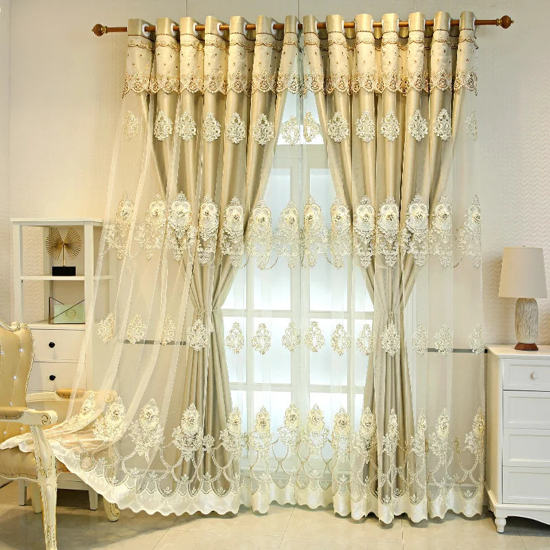 NONECN Elegant Double Layer Embossed 3D Embroidered Blackout Curtains Bedroom