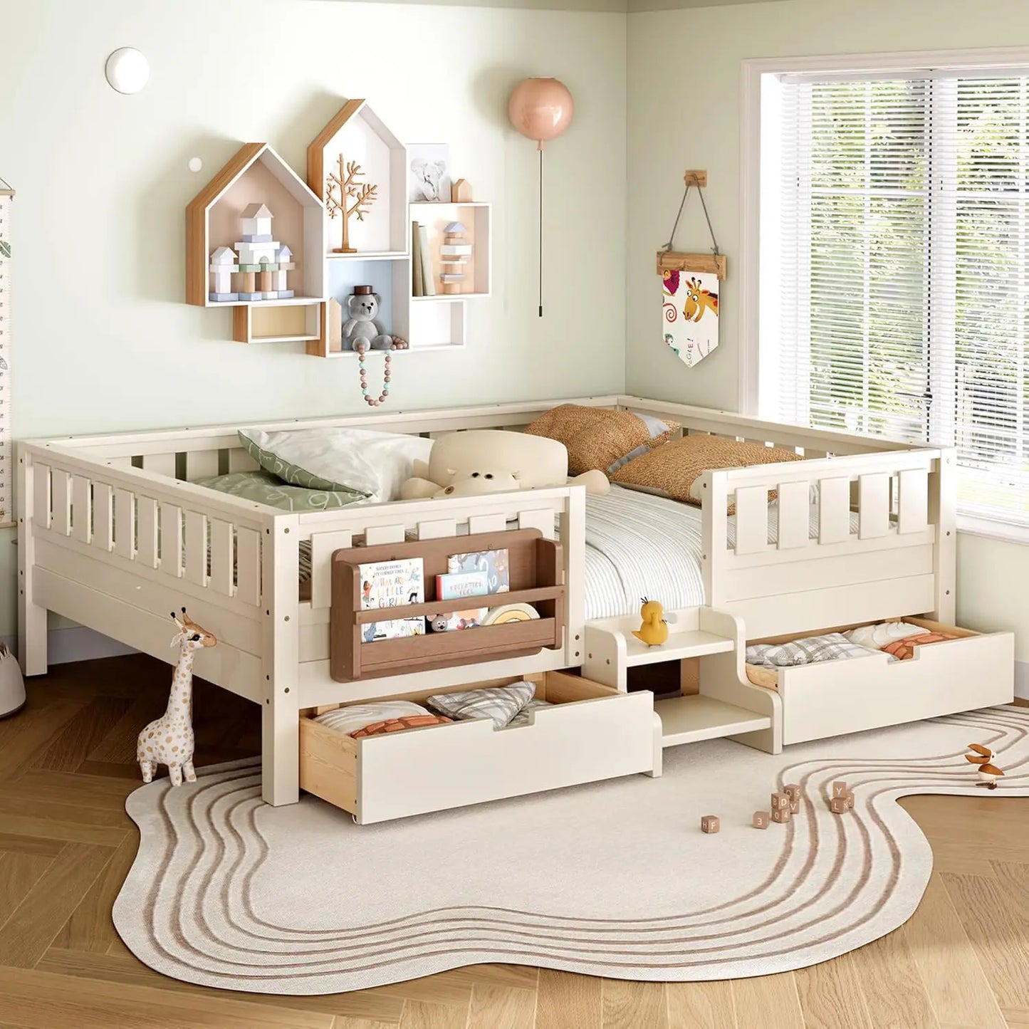 Queen Size Montessori Kids Bed Frame with Stairs Bookshelf Drawers Storage Low-Profile Wood for Boys Girls Room, Customized