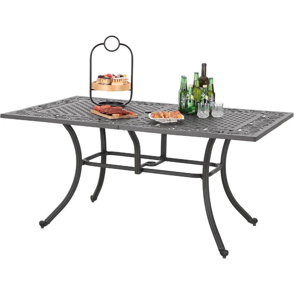 6-Person Rectangular Cast Aluminium Outdoor Dining Table, Patio Bistro Table with 2.3" Umbrella Hole for Porch Backyard