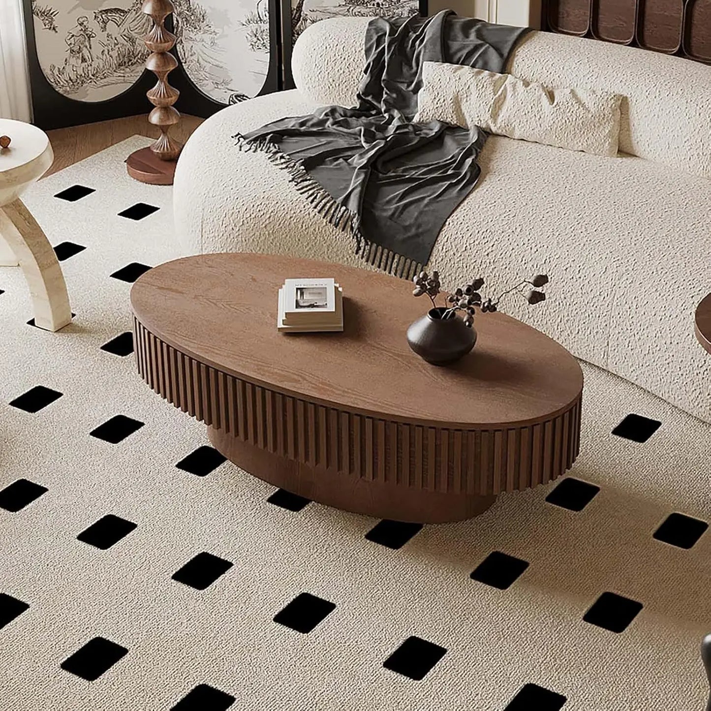 Oval Fluted Coffee Table With Storage In Solid Wood Veneer