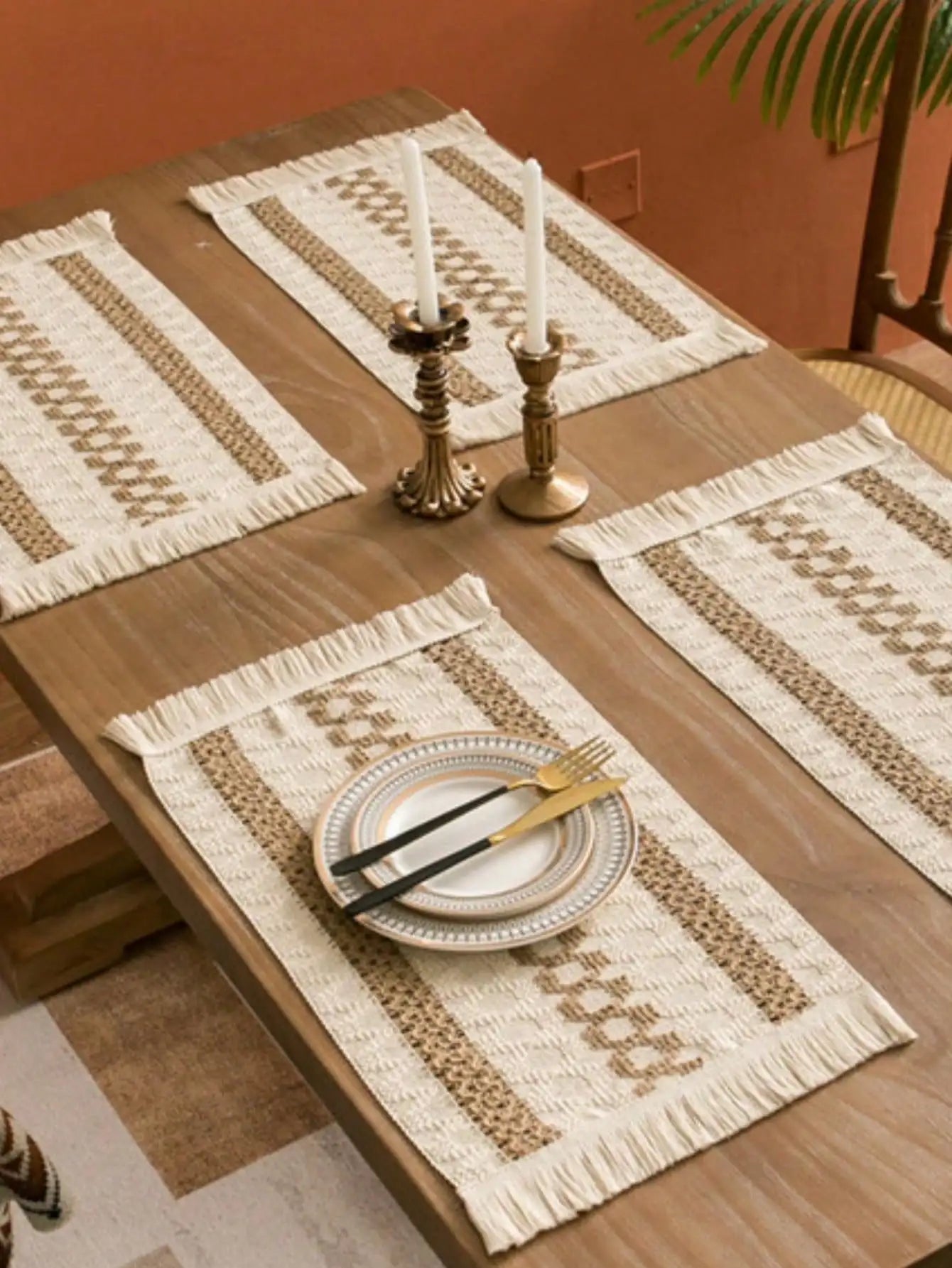 1/4/8pcs Linen Placemats, Placemats Rustic Hemstitch Place Mats For Kitchen Table