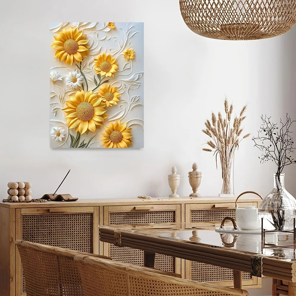 Sunflower 3D Relief Canvas Art With Wood Frame Living Room
