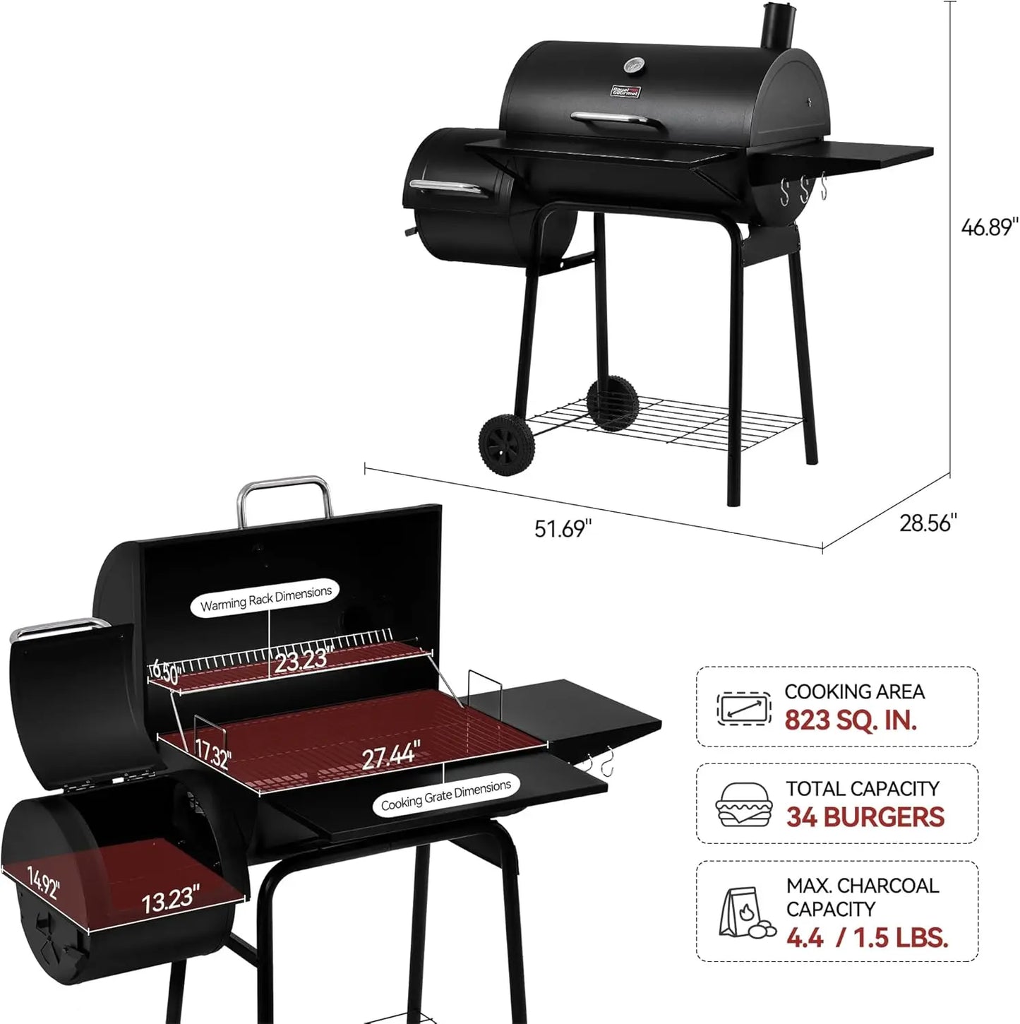 Charcoal Offset Grill Smoker for Outdoor Barbecue Grill