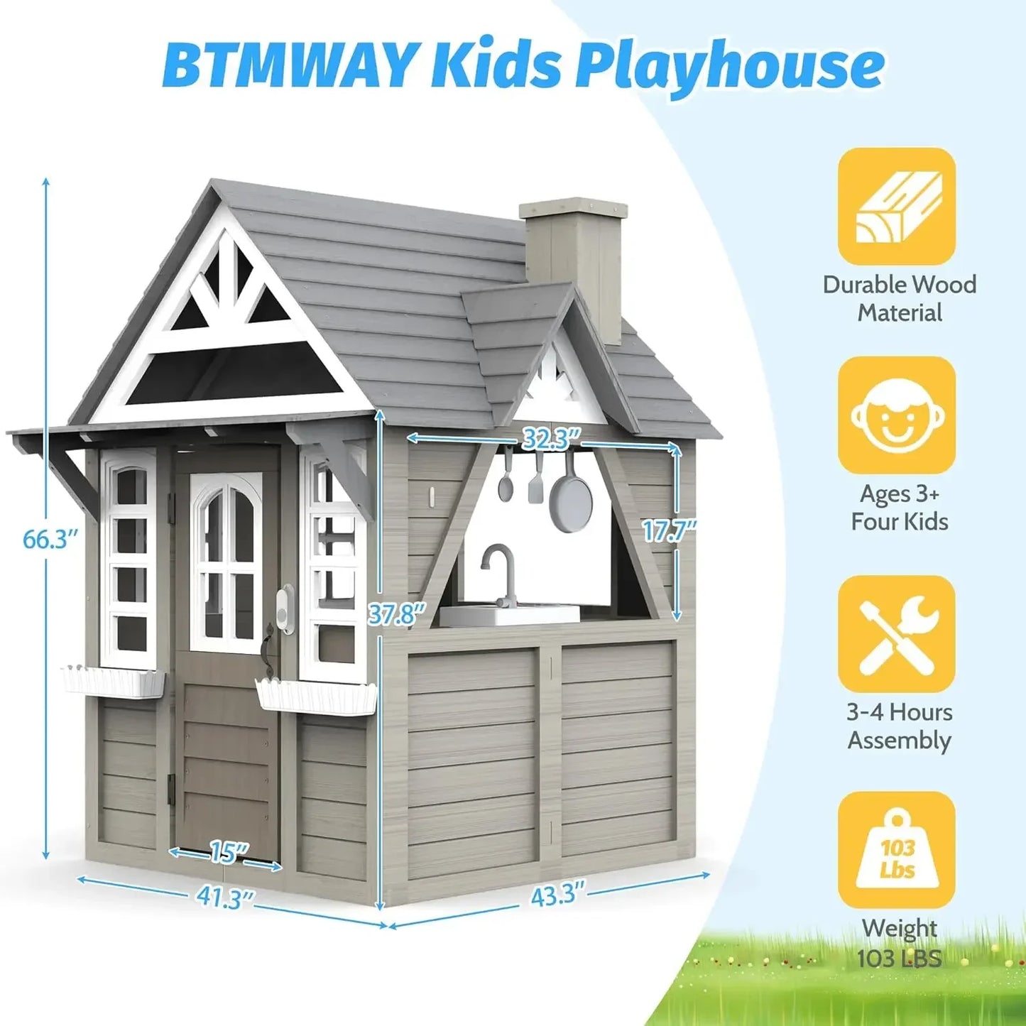 Kids Outdoor Playhouse,Cedar Gray Wooden Play House for Kids Ages 3-8, with Play Kitchen, Interactive Doorbell, Toy Phone, Sink,