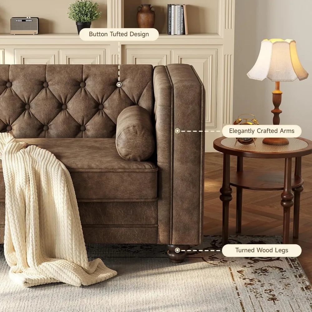 Chesterfield Faux Leather Sofa Mid-Century Modern With Deep Seat