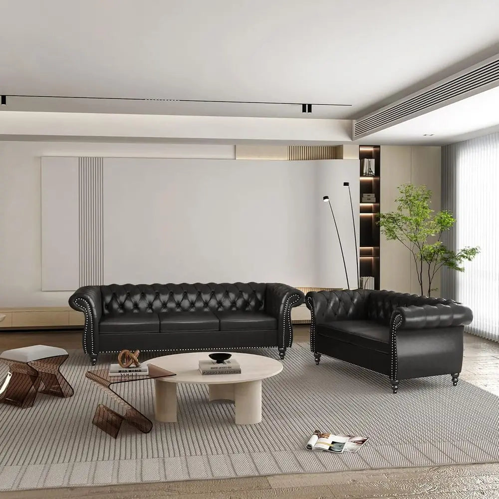 Chesterfield Leather Sofa and Loveseat with Scroll Arm