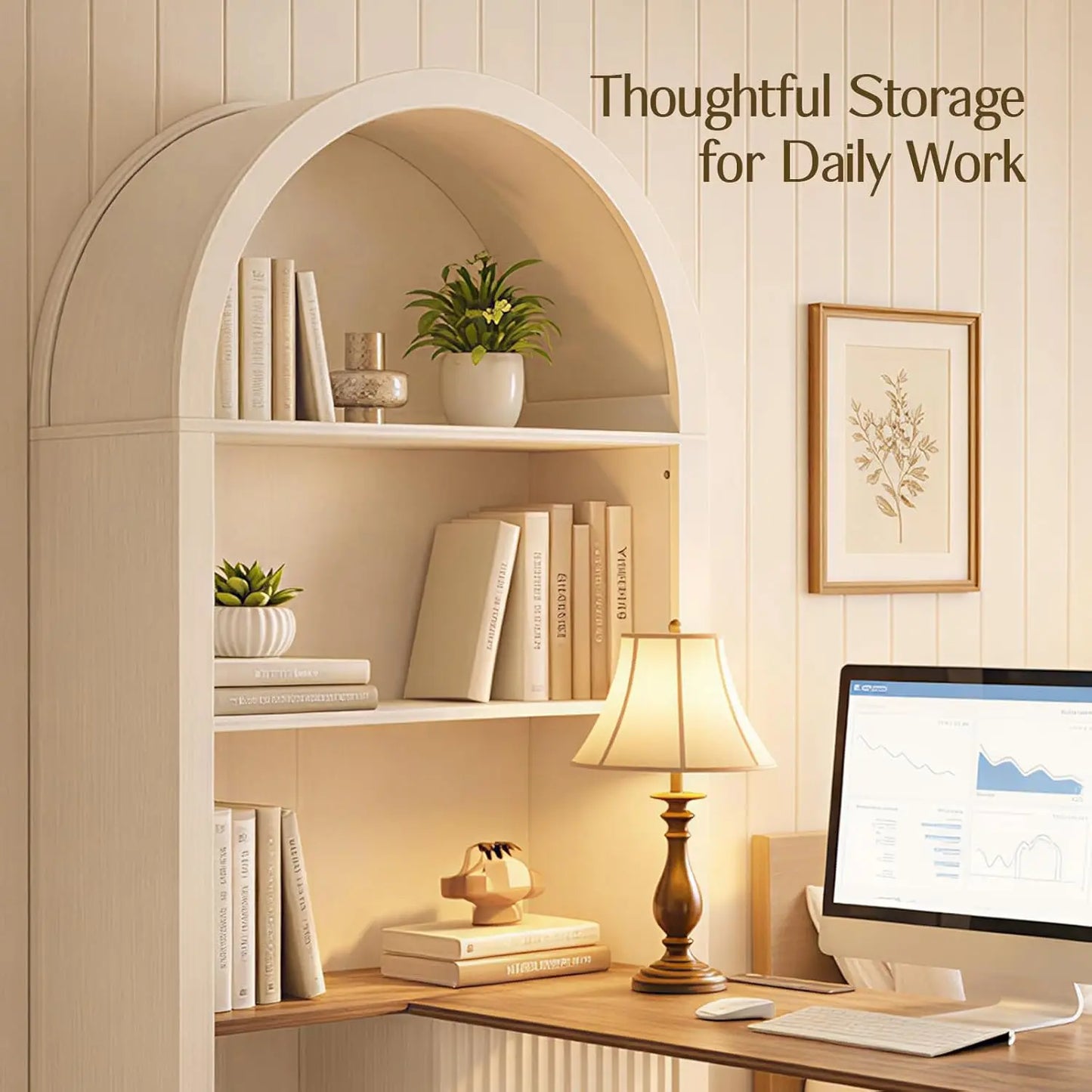 NORTHSKY 61" L-Shaped Desk with Arched Bookshelf, Fluted Corner Computer Desk with 3 Drawers, Sleek Sliding Door, Built-in Charg