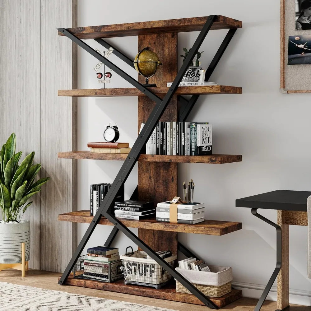 5 Tier Bookshelf, Display Bookshelf with 30mmThickened Board, 47.2 Inch Straight Wide Bookcase with Metal Frame and Woode