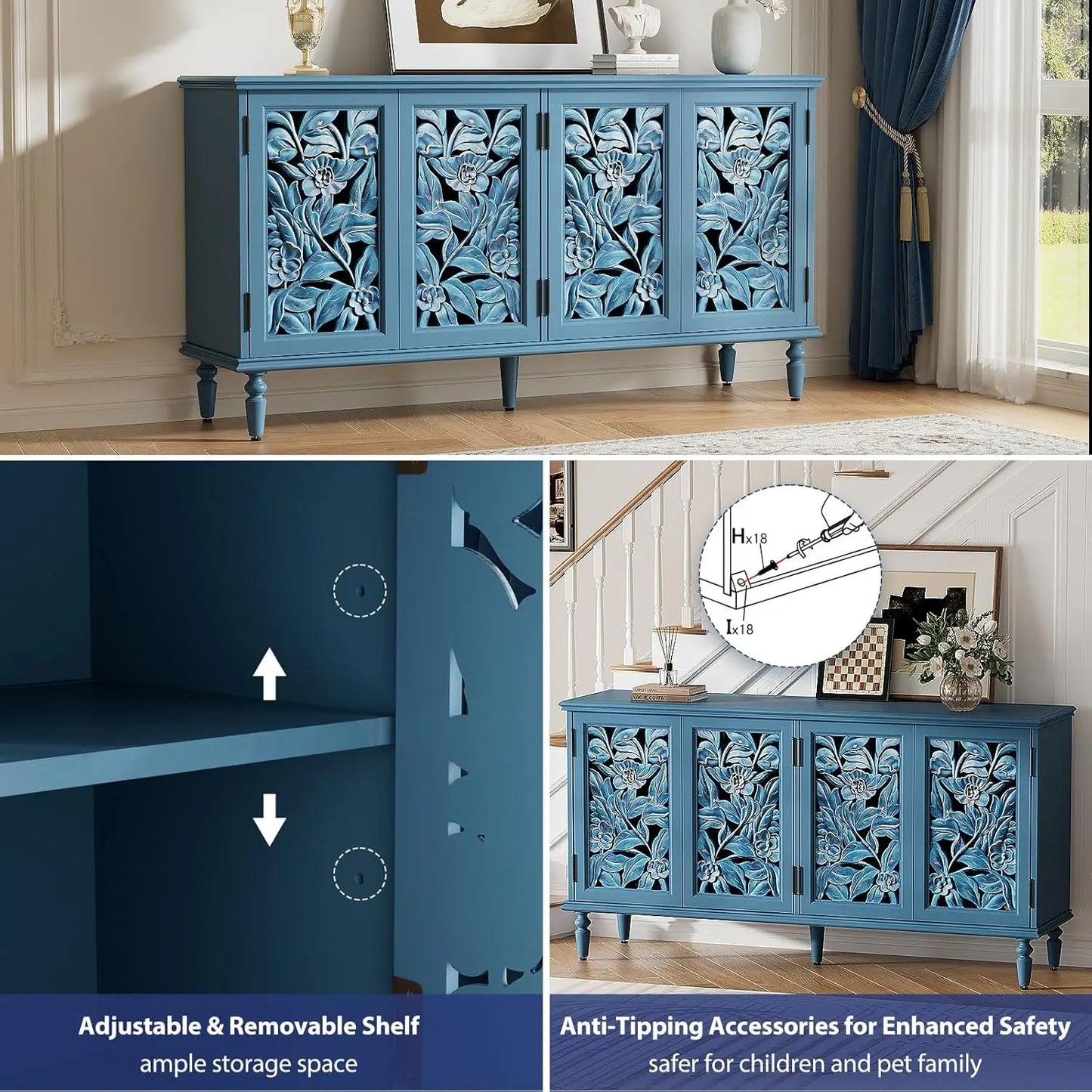 4-Door 61" Sideboard Buffet Console Adjustable Shelves Wood Grain Hidden Handles Kitchen Dining Living Storage Customized
