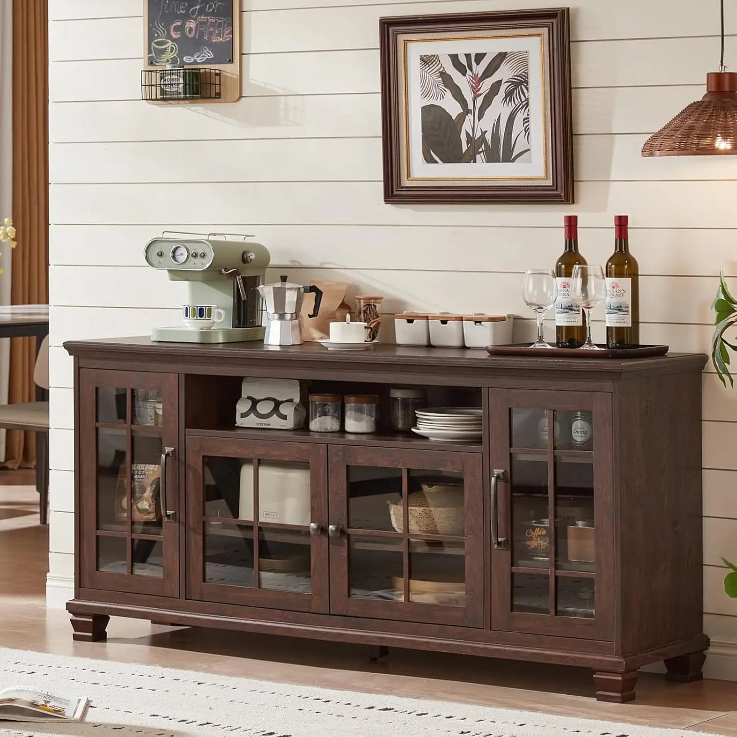 Large Sideboard Buffet Cabinet with Storage, Vintage White Farmhouse 60" Wide Credenza Accent Cabinets with Glass, Customized