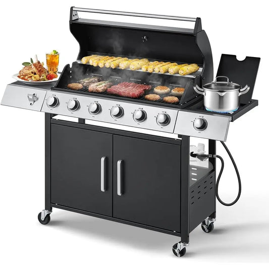 Upgraded 60,000 BTU Stainless Steel Burner Barbecue Grill, 6 Burner BBQ Propane Gas Grill with Side Stove & Cast Iron Grates for