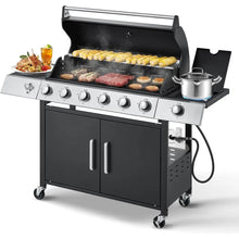Upgraded 60,000 BTU Stainless Steel Burner Barbecue Grill, 6 Burner BBQ Propane Gas Grill with Side Stove & Cast Iron Grates for