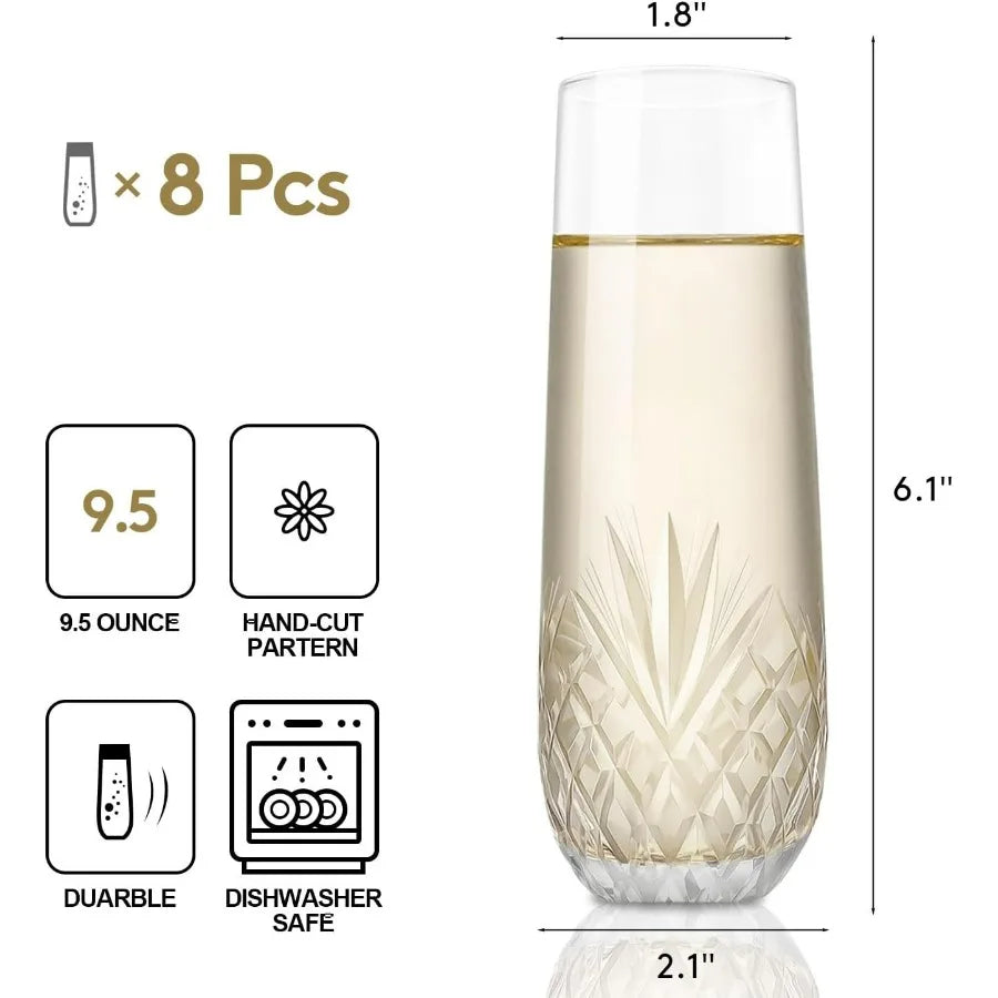 NONEDrinkware Hand Cut Crystal Stemless Champagne Flutes Set of 8